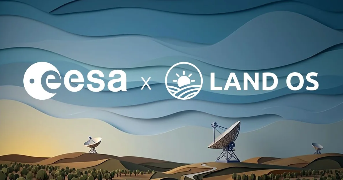 ESA e LandOS: antenas de satélite numa paisagem em papel.