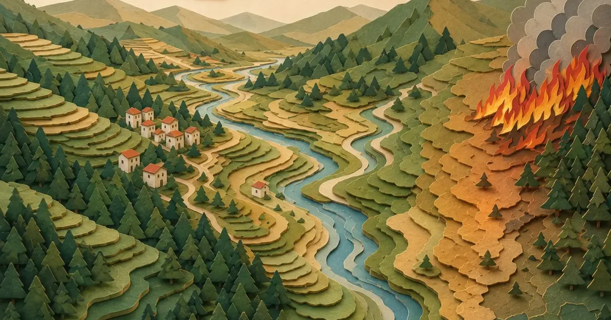 Ilustração em papel de um vale português com socalcos, um rio e uma aldeia; à direita, um incêndio a avançar sobre a encosta.